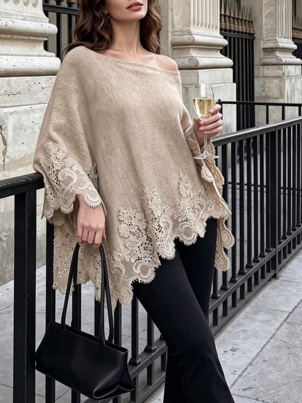 Luxe Lace Trim Cold Off-Shoulder Knit Shawl Cape Sweater Top